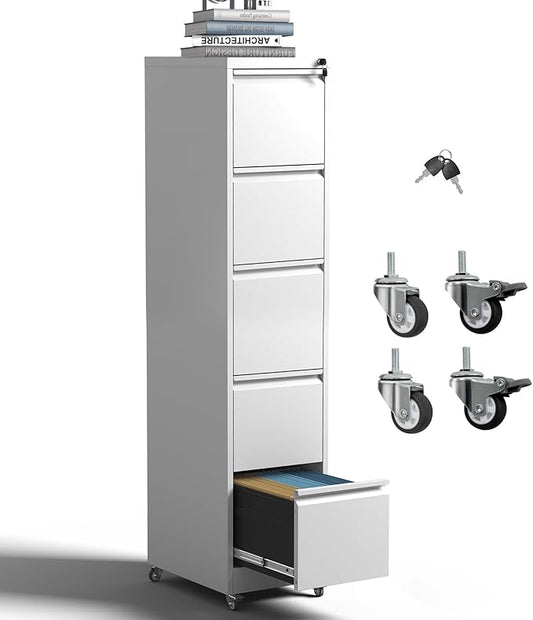 5 Drawer Rolling File Cabinet with Lock Metal Filing Cabinets on Wheels Vertical Steel Office Drawers Storage for Hanging Legal/Letter Folders Require Assembly (White)