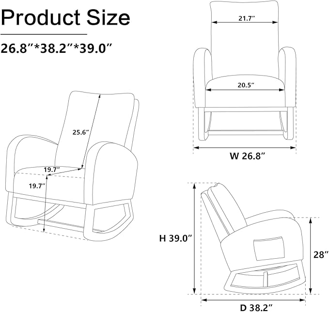 Setawix Teddy Rocking Chair for Nursery Midcentury Modern Accent Rocker Armchair with Side Pocket Upholstered High Back Wooden Rocking Chair for Living Room Baby Room Bedroom (Green Alphabet)