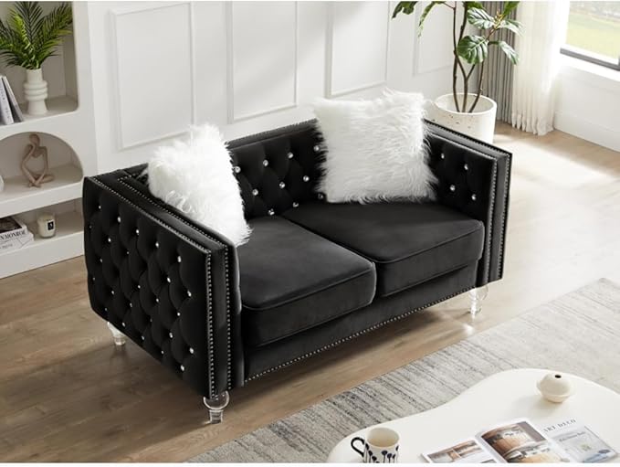 i-POOK 60 2-Seater Chesterfield Sofa Tufted Velvet Loveseat Sofa Couch with 2 Plush Pillows Crystal Legs and Nailhead Trim Arms Diamond Comfy Sofa for Living Room Office Guests Room Black