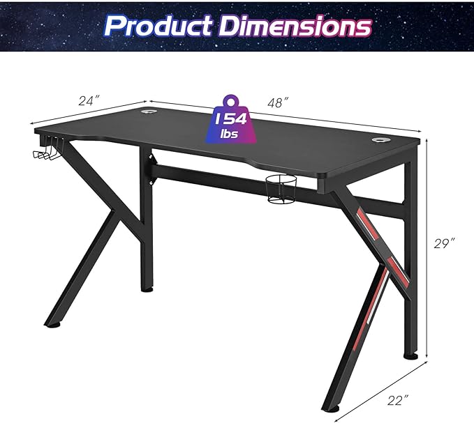Tangkula 48 Inch Gaming Desk K-Shaped Racing Style PC Computer Desk with Cup Holder &amp Headphone Hook Gamer Workstation with 2 Cable Management Holes Ergonomic Home Office Desk for Gaming (Black