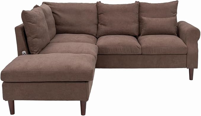 Panana Upholstered Sofa Couch Linen Fabric/Artificial Leather L Shaped Corner Sectional Modern Living Room Sofa (Brown Linen 5 seat Left Corner with Built-in USB Port)