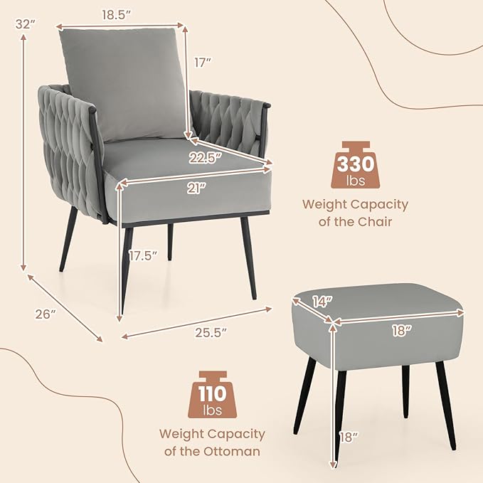 Giantex Velvet Accent Chair with Ottoman Modern Comfy Arm Chair w/Solid Metal Frame Pillow Max Load 330 Lbs Upholstered Single Sofa Chair w/Footrest Reading Chair for Bedroom Living Room Grey