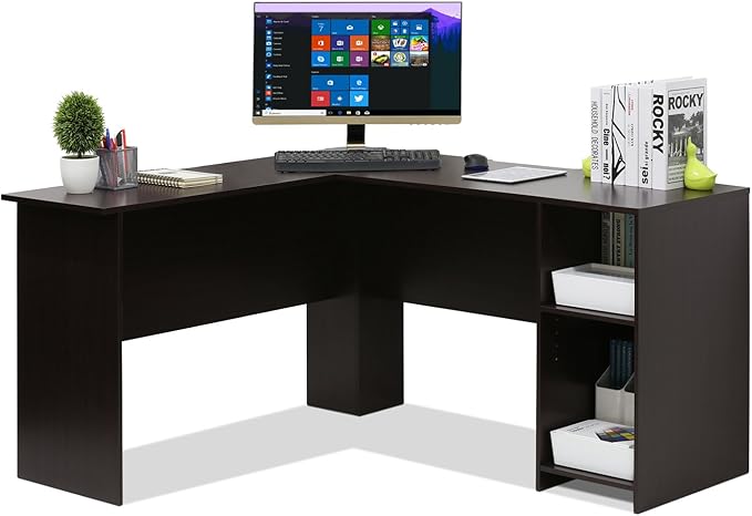 Furinno Indo L-Shaped Computer Desk with Bookshelf Espresso