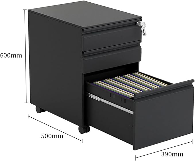 File Cabinet 3 Drawer Metal Mobile File Cabinet with Lock Under Desk Storage(Color:Black)