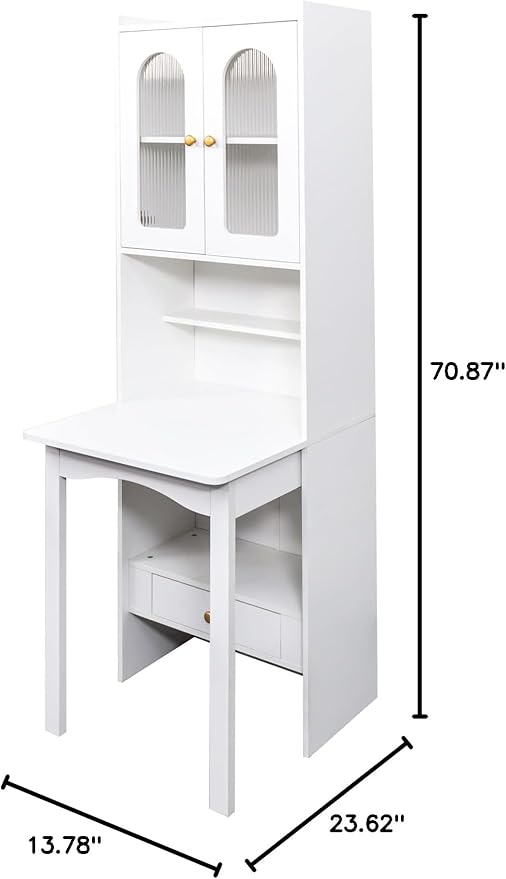 White Folding Desk with Storage - Foldable Convertible Writing Table with Shelves Fold Out Murphy Hideaway Desk with Drawers Space Saving Computer Table Doors for Home Office Workstation