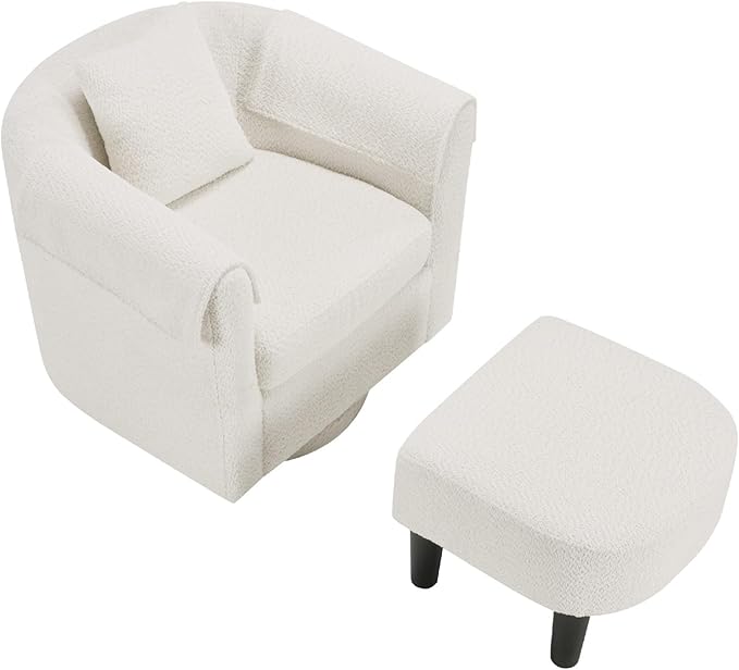 Swivel Accent Chair with Ottoman Modern Chenille Comfortable Bucket Chair with Removable Pillow Small Couch Barrel Armchair for Small Spaces Living Room Bedroom Office (White)