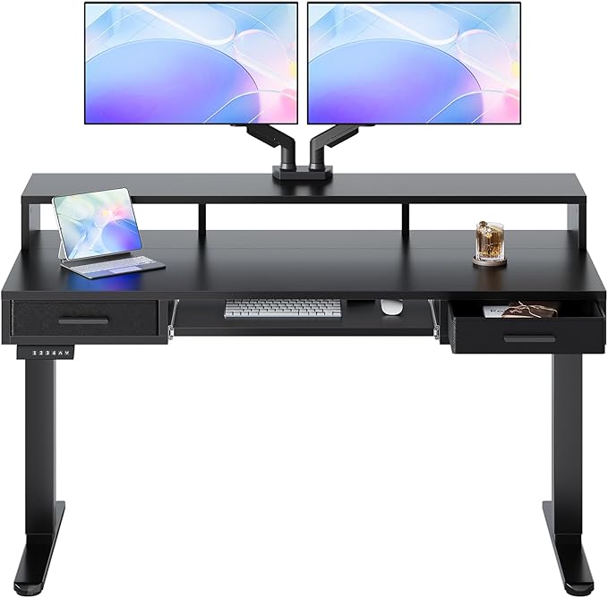 HUANUO 55″ x 26″ Electric Standing Desk with 2 Drawers &amp24.4″ Large Keyboard Tray C-Clamp Mount Compatible Adjustable Computer Desk for Office Sit Stand Up Desk with 4 Height Presets Black