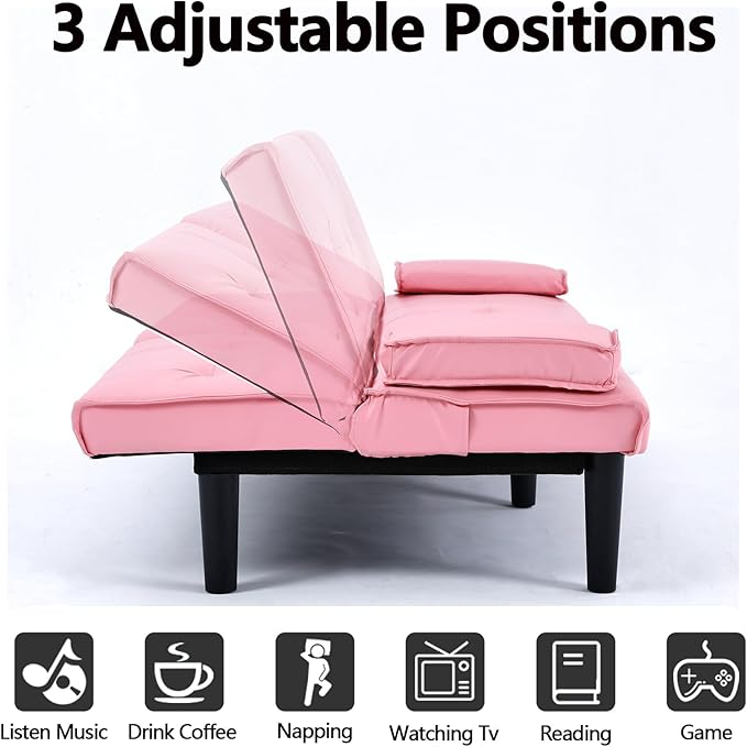 Pink Futon Couch &amp Convertible Futon Sofa Bed for Small Space 67 Loveseat Couches with Removable Armrests &amp 2 Cup Holders for Living Room Bedroom Dorm Apartment Easy Assemble (Pink)