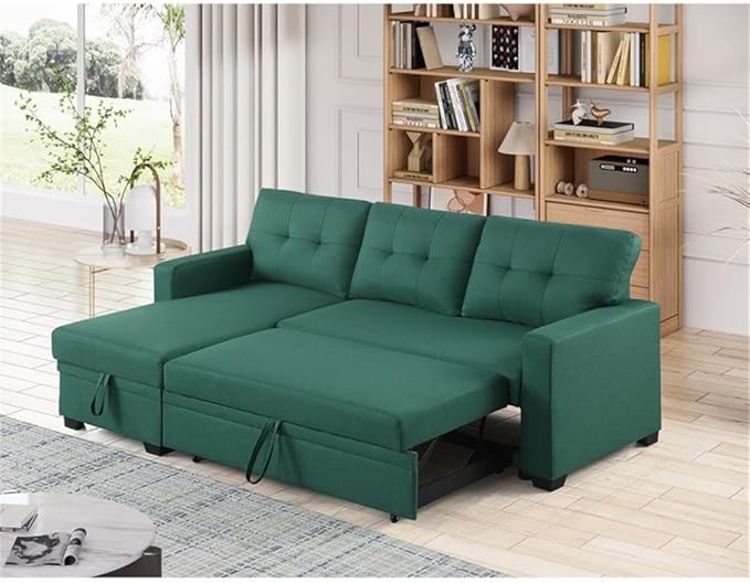 Devion Furniture L-Shaped Polyester Fabric Reversible Easy Convertible Pull-Out Sleeper Sectional Sofa/Storage Chaise with Tufted Back Cushions and Track Arms in Green