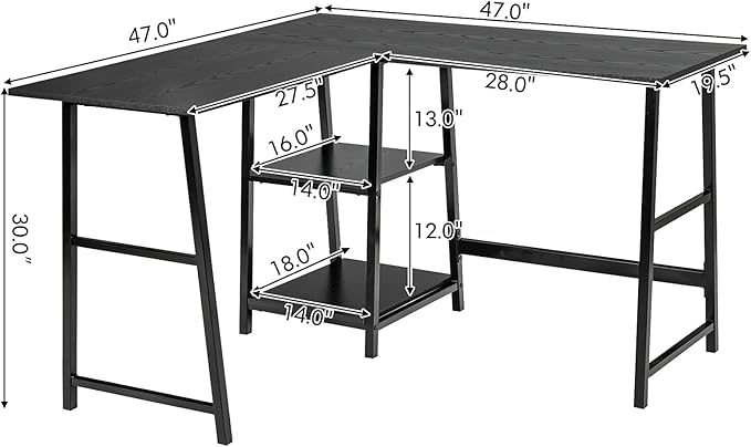 Tangkula L Shaped Desk Space Saving Corner Desk w/ 2 Tier Storage Shelves Study Writing Desk Workstation with Reinforced Metal Frame Home Office Desk (Black)