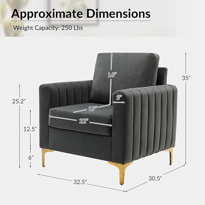 Modern Upholstered Velvet Accent Chair Velvet Armchair Club Chair with Gold Metal Legs Mid-Century Barrel Leisure Comfy Reading Chair for Livingroom BedroomGrey