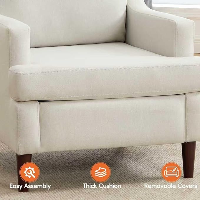 Mid-Century Accent Chair Modern Linen Fabric Armchair for Living RoomComfy Upholstered Reading Chairs for BedroomSingle Sofa Chair with Wood Legs (Linen Beige Set of 1)