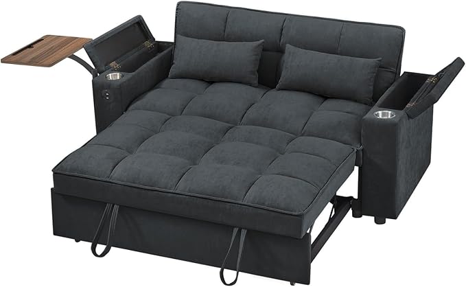 65''Convertible Sleeper Sofa Bed3-in-1 Pull Out Couch Bed with 360 Degree rotatable Side Table and USB Ports for Living RoomRV (07Dark Grey)