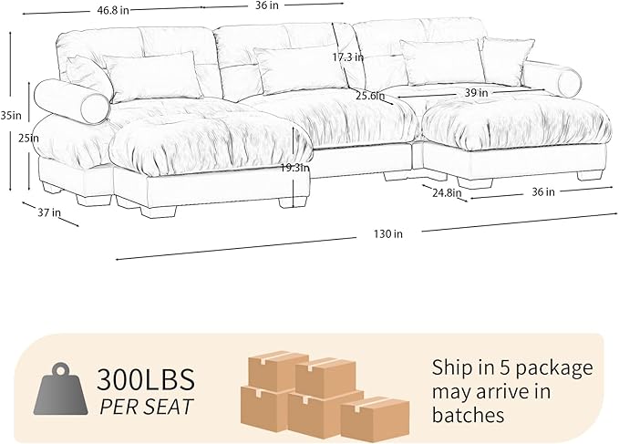 130 Large Sectional Couches for Living Room Cloud Modern Modular Deep Seat Sofa Set Comfy Couches with 2 Ottomans Velvet Fluffy 3 Seater Sofas for Bedroom Apartment U Shaped Grey