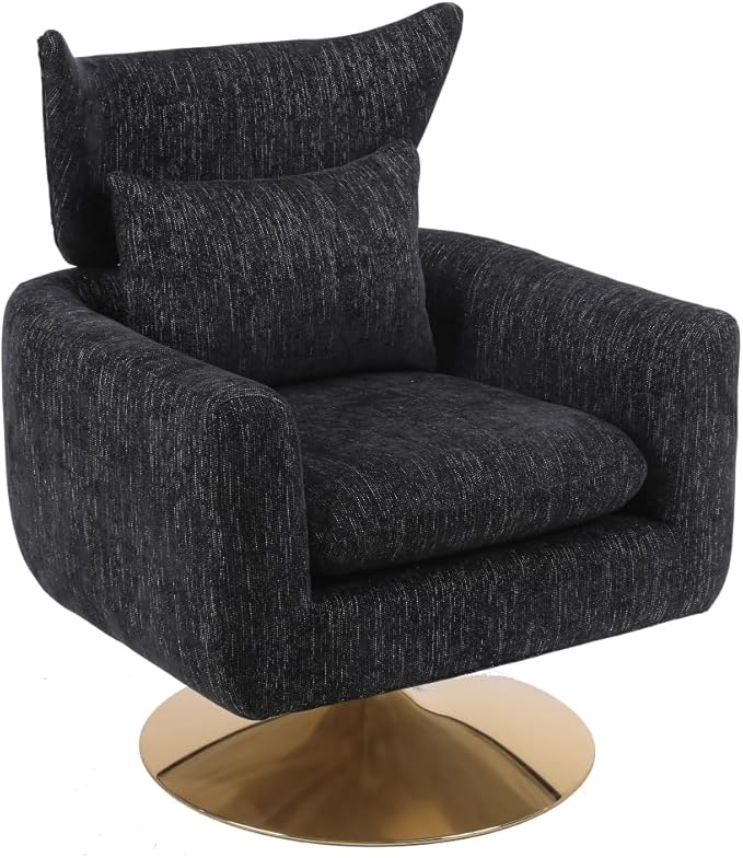 Swivel Accent Chair Armchair Classic Mid-Century 360 Degree Swivel Sofa ChairUpholstered Accent ChairTeddy Fabric Leisure Chair for Living RoomBedroom Office (Black + Linen)