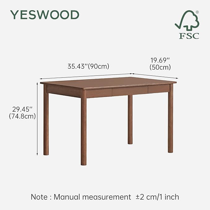 YESWOOD 100% Solid Wood Desk Mid Century Modern Computer Desk Home Office Writing Desk with Drawers for Study Living Room (35.43 W)