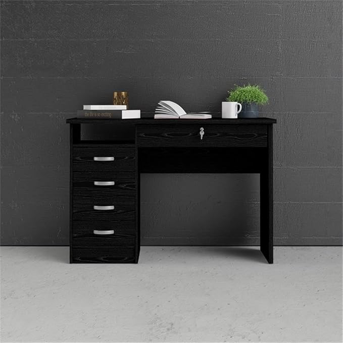 Pemberly Row Contemporary Desk with 5 Drawers Black Woodgrain Foil Finish 43 in x 19 in x 30 in Lockable Large Drawer Metal Glides Engineered Wood Home Office or Living Room Minimalist