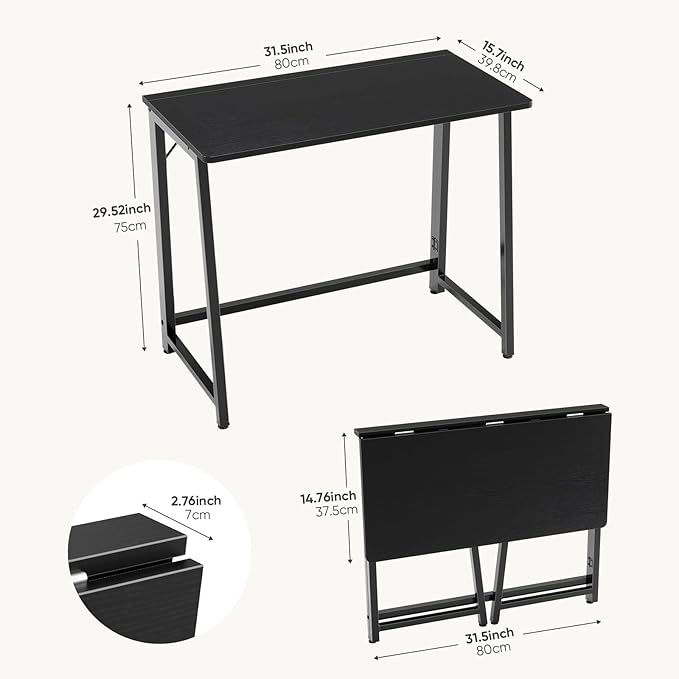 DUMOS 31.5 Inch Folding Desk Foldable Computer Table for Small Spaces Metal Frame Gaming Writing Work Station Mini Home Office Surface Black