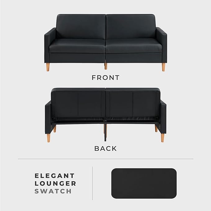 Lexicon 79W Convertible Futon Sofa Bed Loveseat Faux Leather Upholstered Couch Sleeper Adjustable Backrests Padded Pocket Coil Solid Wood Legs for Living Room Bedroom Apartment Office Black