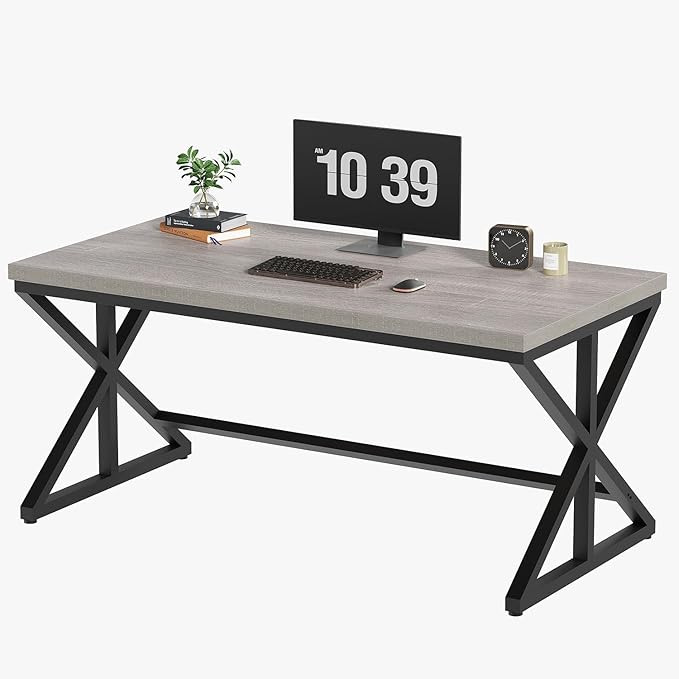 IBF Computer Desk Industrial PC Laptop Office Desk Farmhouse Gaming Desk with Spacious Desktop Rustic Wood Metal Writing Study Work Table for Home Office Bedroom 47 Inch Grey Oak