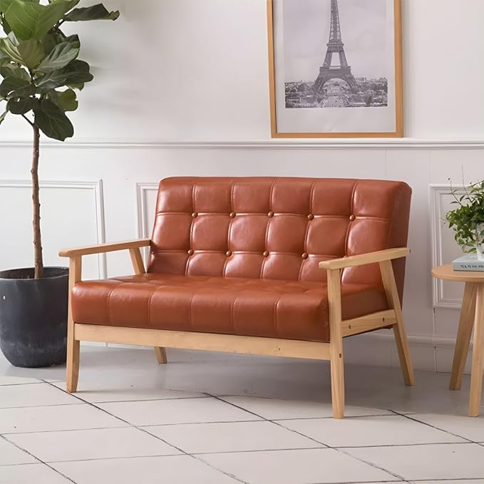 Modern Mid-Century Modern Faux Leather Loveseat Sofa with Tufted Back in Solid Color for Living Room Apartment and Small Space Tangerine Oiled Leather 44.5 L x 25.5 W x 27.5 H Natural Wood Leg