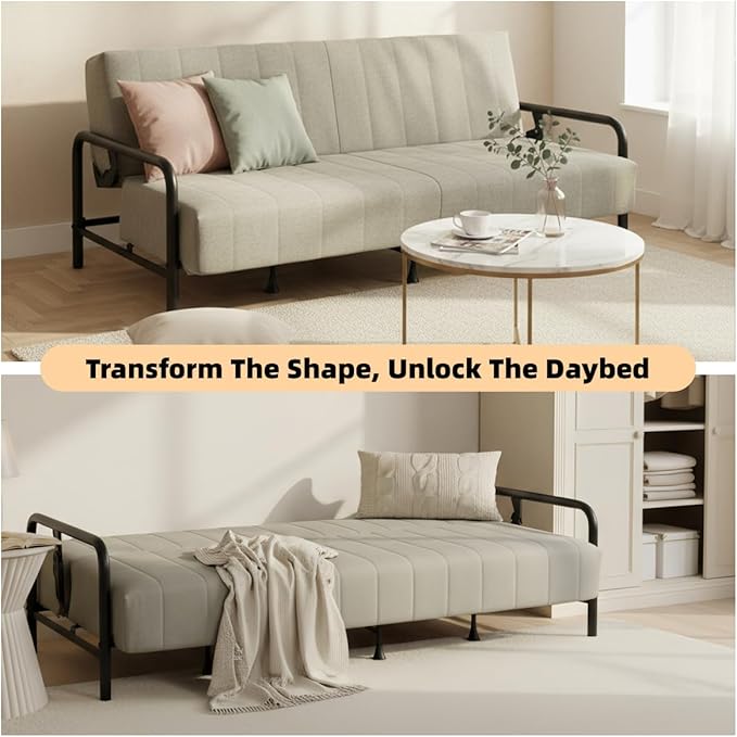 Homy Casa Modern Grey Futon Sofa Bed with Arm 78.74 3-Position Adjustable Backrest Metal Frame Capacity 500 lbs Convertible Daybed for Living Room/Guest Room/Studio Apartment