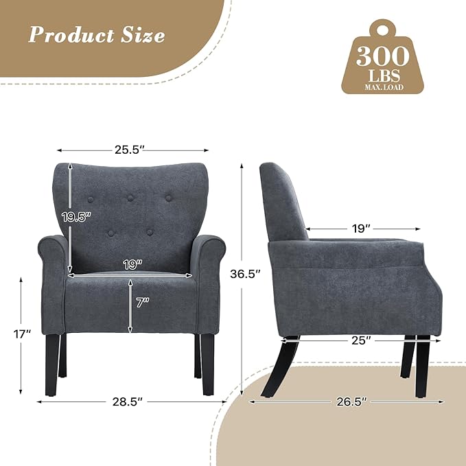Athena Collection Mid Century Modern Chair for Living Room Upholstered Wingback Reading Chair for Adults Comfy Linen Fabric Armchair with Wooden Legs for Bedroom Dorm Balcony Grey
