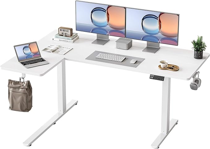 YIHAYO Reversiable L-Shaped Electric Standing Desk 59 Inches Stand Up Corner Desk Sit and Stand Up for Work Office Home Ergonomic Rising Computer Table with Splice Board White