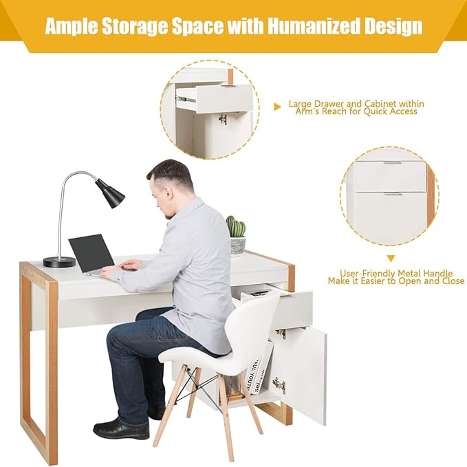 Tangkula Wooden Home Office Desk with Drawer &amp Cabinet PC Laptop Workstation Study Writing Desk Ideal for Bedroom Home Office (White &amp Natural)