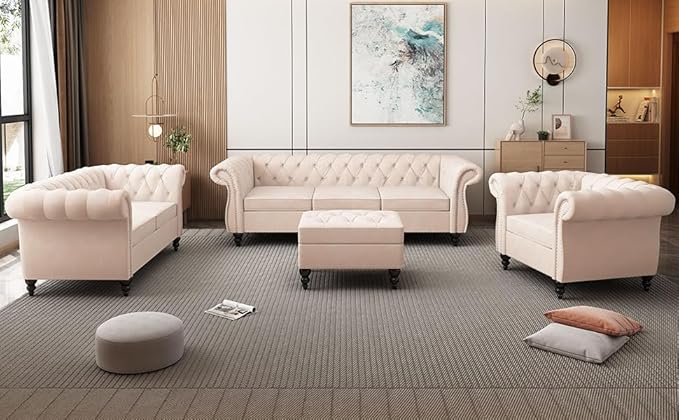 AVZEAR Chesterfield Loveseat Modern Velvet Sofa Tufted Couch 2 Seater with Scroll Arms and Nailhead for Living Room Bedroom Office Apartment Beige