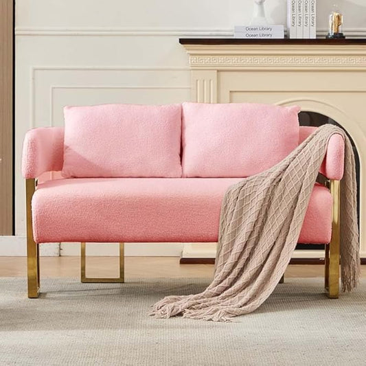 Teddy Fabric Accent Chair Modern Side Chair with Gold Metal Legs 51 Inch Wide Upholstered Loveseat for Living Room Dressing Area Office (Pink)