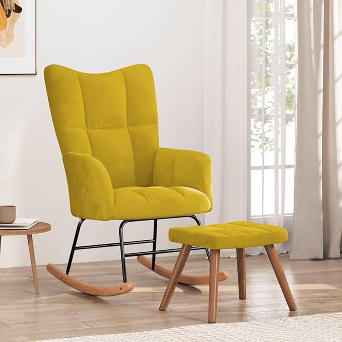 vidaXL Stylish Mustard Yellow Velvet Rocking Chair with Matching Stool Set - Comfortable Foam Padding Steel Frame and Wood Rocking Rails