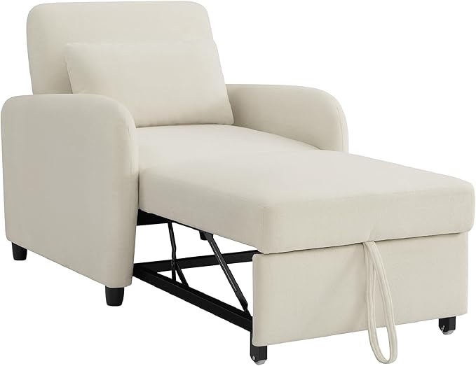 CHITA Sleeper Chair 3-in-1 Pull Out Convertible Single Sofa Bed with Adjustable Backrest Chenille Chaise Lounge Chair for Living Room Bedroom &amp Apartment Cream