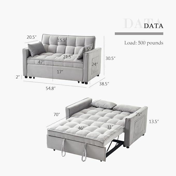 54.8'' Sleeper Sofa Bed 3-in-1 Convertible Couch with Pullout Bed Reclining Backrest Storage Pockets – Modern Space Lounge Furniture for Living Room Includes Toss PillowsGrey