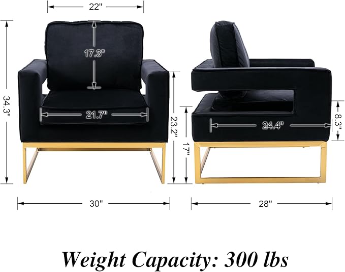Modern Accent Chair Velvet Upholstered Side Chair with Backrest Comfy Armchair Side Chair with Golden Metal Base for Living Room Reception Room 1PC Black