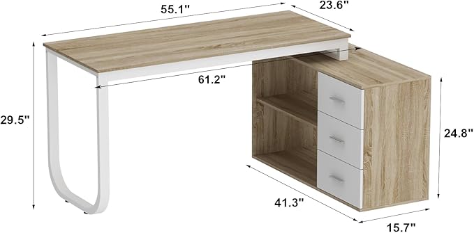 Homsee Home Office Computer Desk Corner Desk with 3 Drawers and 2 Shelves 55 Inch Large L-Shaped Study Writing Table with Storage Cabinet - Walnut and White