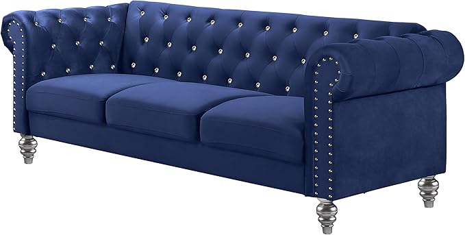 New Classic Furniture Glam Emma Velvet Three Seater Chesterfield Style Sofa for Small Spaces with Crystal Button Tufts Royal Blue