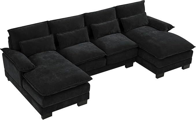 OUYESSIR 110 U Shaped Cloud Sectional Sofa with Deep Seat Cushions Modern Comfy Chenille Couch 4 Seater Fluffy Sectional Couches for Living Room with Double Chaise(Black)