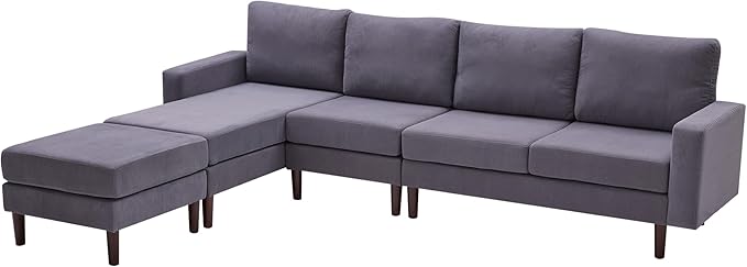 Tbfit Sectional Couch Corduroy L Shaped Sofa with Convertible Chaise &amp Ottoman Sofa Couch Solid Wood Legs for Living Room 6 Seat Grey
