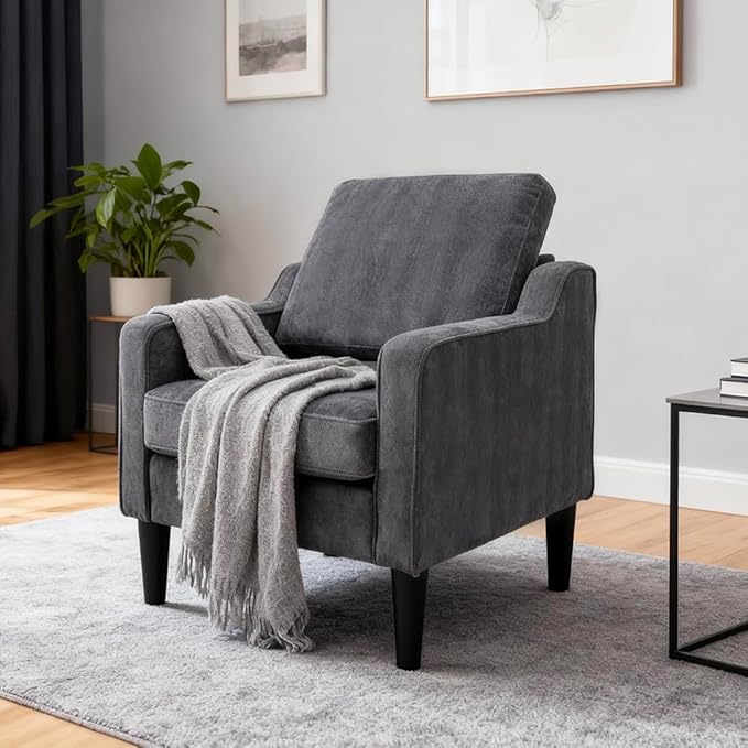 Accent Chair for Living Room Mid-Century Armchairs for Small Spaces Chenille Upholstered Comfy Reading Armchair with Studded for Bedroom (Grey-A)