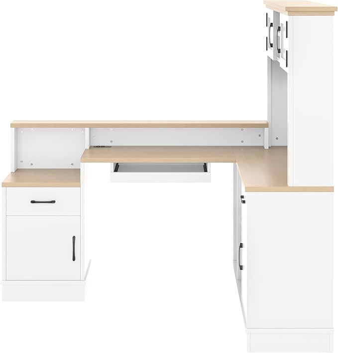Wooden L-Shaped Computer Desk with Outlet Drawers and Bookshelf Modern Corner Desk with L-Shaped Study Table Writing Desk Gaming Computer Desk with Storage for Home Office Bedroom (White-06)