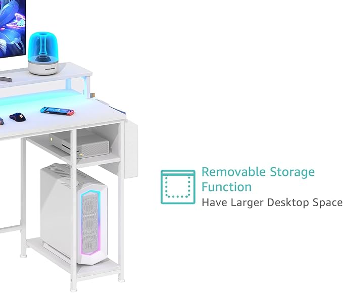 Lufeiya White Computer Desk with File Drawers Cabinet 55 Inch Home Office Desk with Monitor Stand Shelves Writing Study Gaming Desks with Led Lights and Power Outlets for Bedroom White