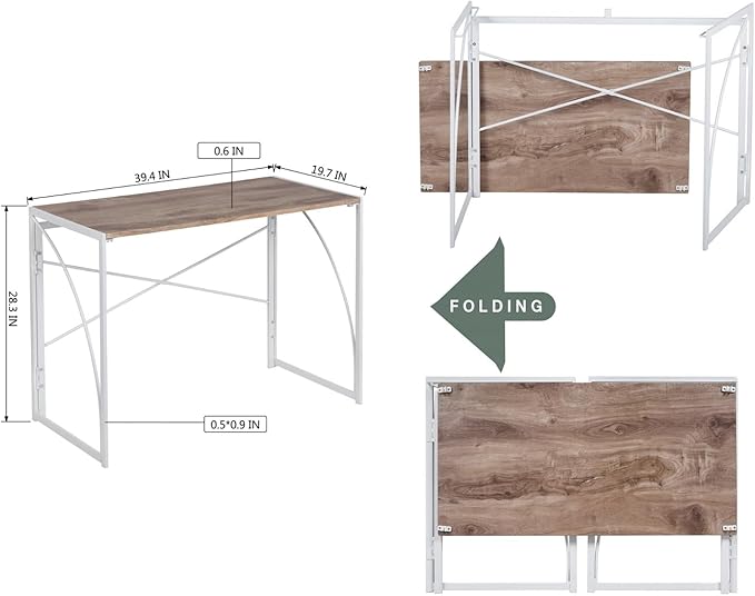 Homy Casa 39.4 Inch Foldable Laptop Desk Space-Saving Computer Table with No Assembly Required Sturdy Metal Frame Minimalist Design for Home Office Study or Small Spaces Oak &amp White