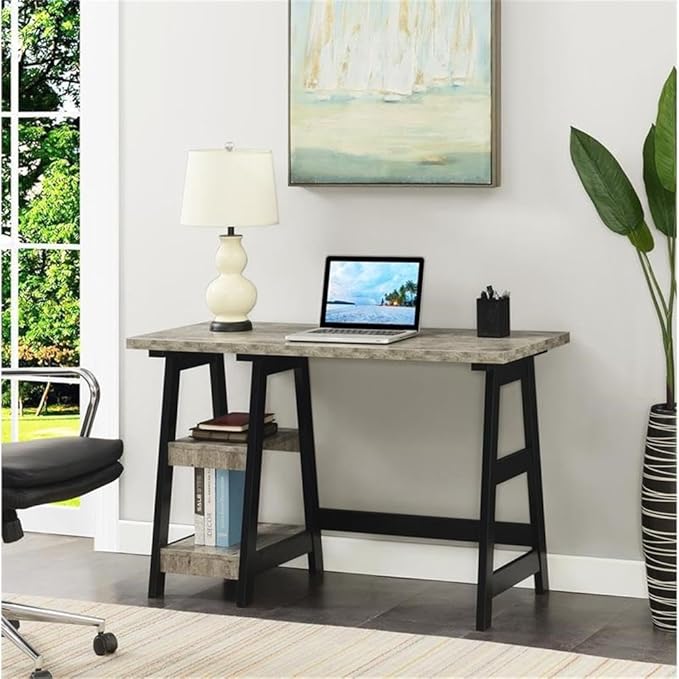 Convenience Concepts Designs2Go Trestle Desk 47 - Modern Desk or Vanity with Shelves for Office Dorm Living Room Faux Birch/Black