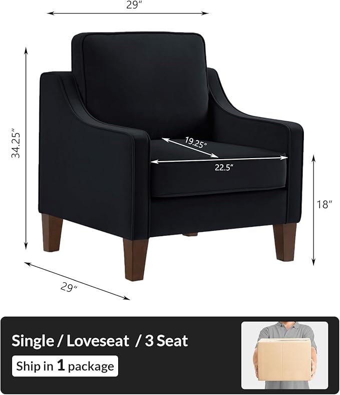 Upholstered Velvet Modern Accent Chair Comfy Armchair Couch for BedroomIndoor Sofa Chair for Living RoomReading Chair for OfficeApartmentStudioBlack