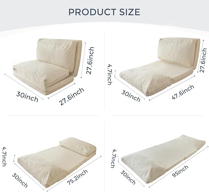 MAXYOYO Folding Sofa Bed Extra Thick and Long Floor Sofa Convertible Sleeper Chair with Washable Cover Floor Couch Lounge Bean Bag Bed for Living Room Beige 30x95 Inch