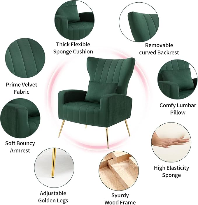 Modern Accent Chairs Set of 2 Wingback Chair with Arm &amp Gold Legs Living Room Bedroom Side Chair with Lumbar Pillow Velvet Upholstered Channel Tufted Green