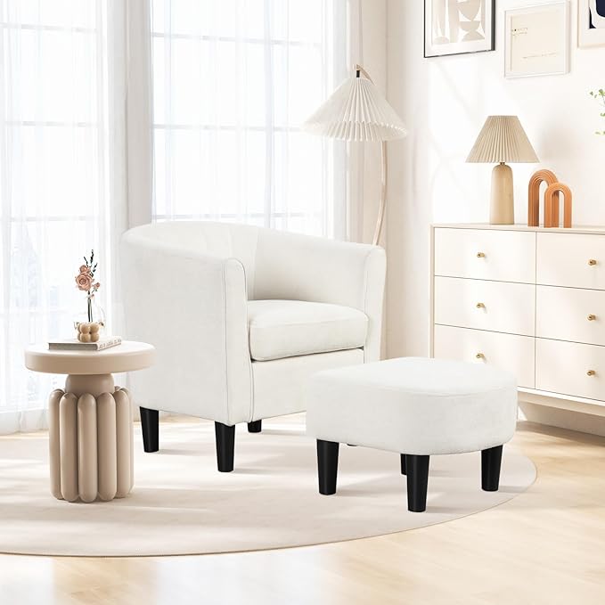Giantex Modern Accent Chair with Ottoman Upholstered Teddy Velvet Barrel Club Chair w/Footrest Curved Backrest &amp Armrests Non-Slip Felt Pads Comfy Accent Arm Chair for Living Room Bedroom Be