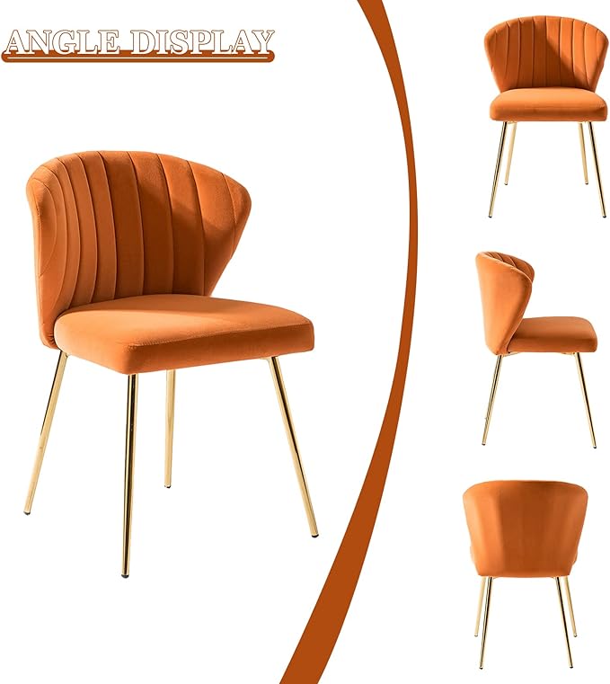 HULALA HOME Velvet Dining Chair Cute Armless Accent Chair Living Room Chair with Golden Legs Mid Century Modern Upholstered Side Chair for Kitchen Vanity Orange
