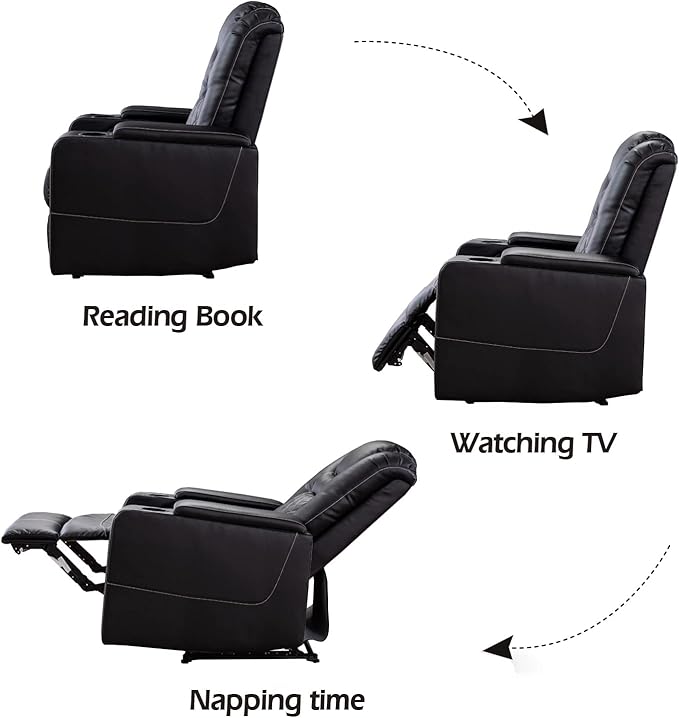 CANMOV Electric Power Recliner Chair with USB Ports and Cup Holders Breathable Leather Home Theater Seating with Hidden Arm Storage (Black)